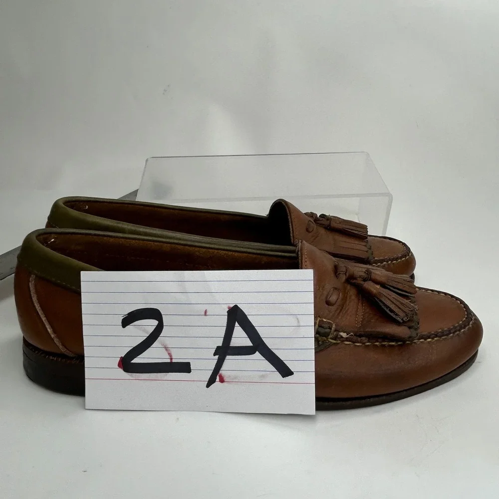 VTG Cole Haan Mens Made in USA Brown Leather Tassel Kiltie Loafers Green Trim 10